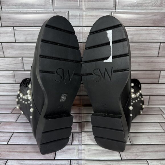 Stuart Weitzman Women's Black Mcknzee Pearl Studded Leather Combat Boots Size 9 - Picture 6 of 7